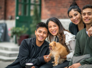 Hispanic Family holding a dog and sitting together