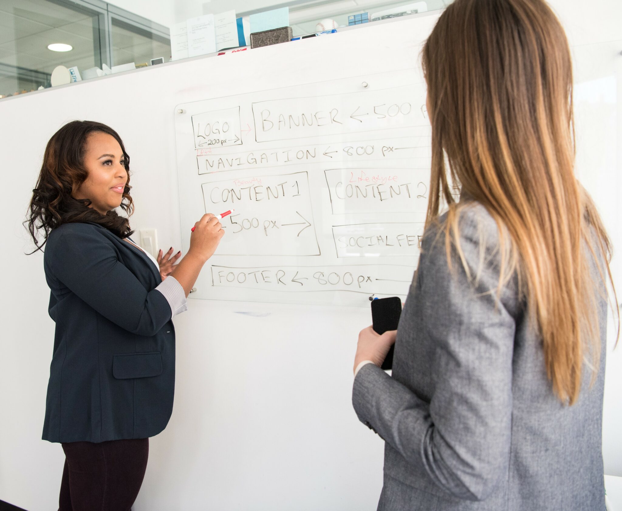 Two women using a whiteboard to discuss a topic.