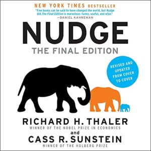 Book cover of Nudge with two elephants walking across in Black and Orange