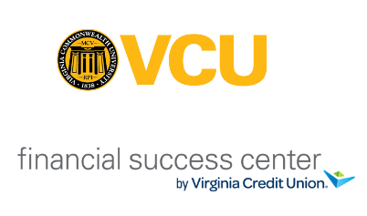 Orange VCU with black and orange circular logo and Financial Success Center in black lettering