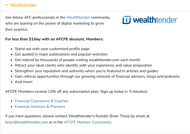 Screenshot of the Wealthtender member discount listing that shows their logo and member benefits.