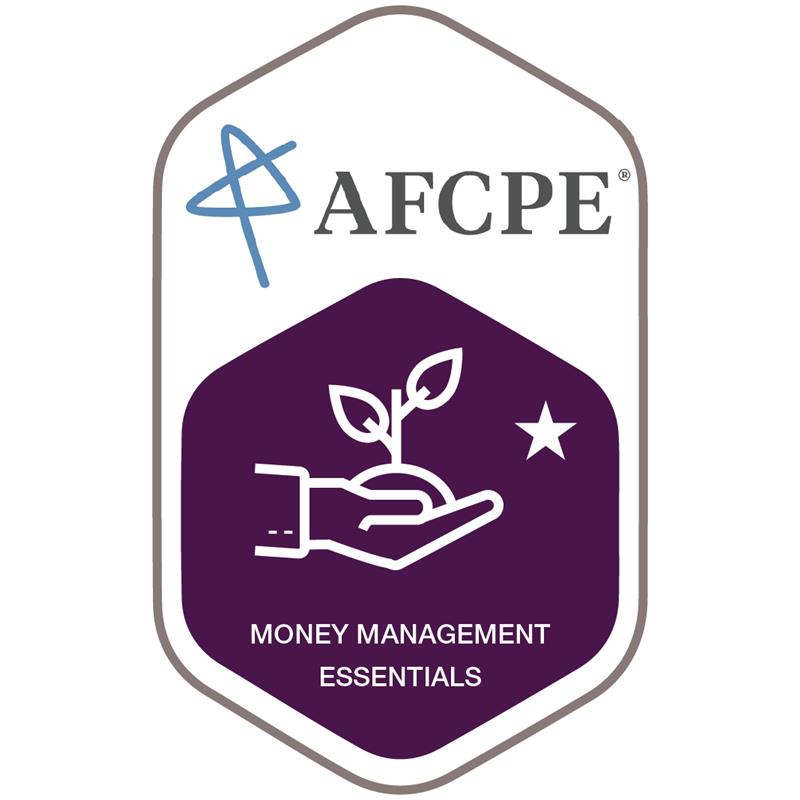 The purple badge with iconography of a hand holding a growing leaf and a star to denote this is the 2nd edition of Money Management Essentials. The AFCPE logo and blue star are at the top