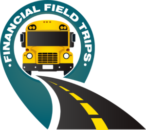 Green, yellow and black logo for Financial Field Trips, including an animated school bus and black road