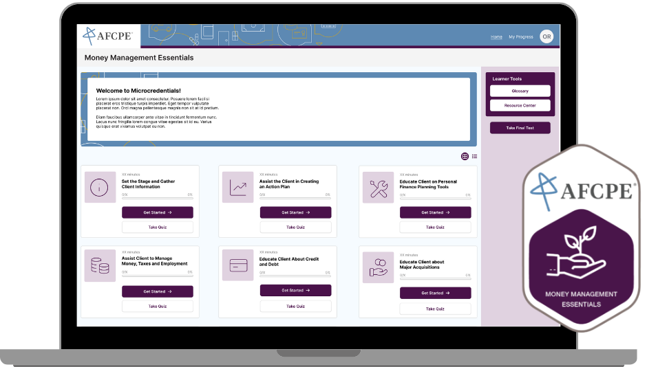 screenshot of the Money Management Essentials course with the purple MME badge