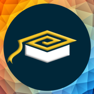 3rd decade logo of a yellow and white graduate cap within a navy blue circle amid a rainbow prism backdrop