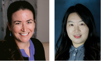 left to right: white woman with long brown hair smiling in a dark blazer and blue shirt with a beige background. on the right, an asian woman smiling with longblack hair and a denim blue shirt in front of a dark background
