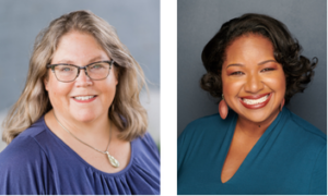 left to right: white woman with long blonde hair with glasses and a purple shirt in front of a grey background. on the right a black woman smiling with short brown hair and a green shirt in front of a grey background