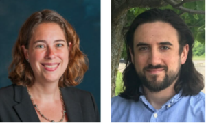 left to right: white woman smiling with shoulder length red hair wearing a dark blazer and necklace in front of a dark background. to the right a white man with long brown hair and bear in a blue collared shirt in front of greenery