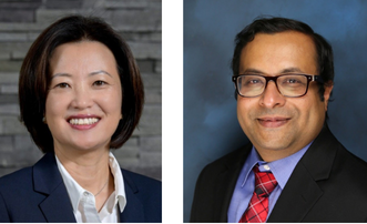 headshots of an asian woman in a dark blazer and light colored collared shirt and a colored man in a dark blazer, blue collared shirt and red tie