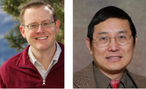 headshots of a white man with blonde hair wearing glasses and a red sweater and an asian man wearing glasses and a tan blazer