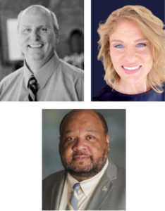 three headshots left to right. a white man in a collared shirt and dark tie, a white woman with blonde hair smiling in a dark sweater, a black man in a gray suit and tie