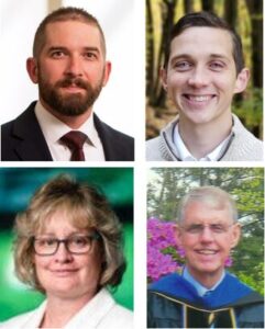 top two boxes are headshots of white men, left with a brown beard, right clean shaven. Bottom left is a headshot of a white woman with glasses and blond hair, to the right is a man in graduation attire with grey hair