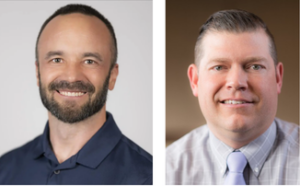 two headshot of white men. On left he has a beard, short hair and a dark polo. On right he has shorthair, a collared shirt and silver tie