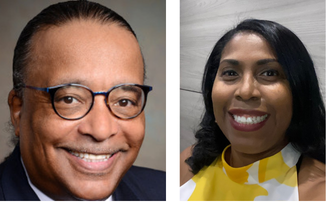 headshots left to right of a smiling black man with glasses and a dark blazer and a woman of color with long brown hair and a yellow shirt