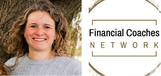 left to right a white woman with long blonde hair and a grey shirt standing in front of a tree, on the right the white and brown financial coaches network logo