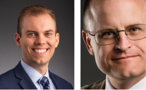 headshots of two white man, on the left in a dark suit and tie smiling with a dark background, on the right smiling with glasses