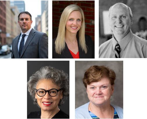 Top row from left to right, white man looking serious wearing a gray suit and tie, middle is a woman smiling with blond hair in a dark blazer and red shirt, right is a black and white headshot of a man with grey hair in a collared shirt and dark tie. bottom row are headshots of two woman, left a black woman with salt and pepper hair and glasses, to the right with short brown hair and a light blue blazer and blue shirt
