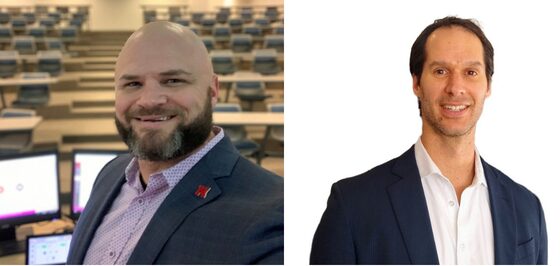 left to right: white man with a beard and bald head smiling in a dark grey blazer and pink collared shirt and a white man smiling with dark short hair and a black blazer with a white collared shirt
