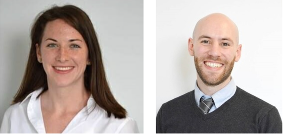 left to right headshots of a white woman smiling with long brown hair and a white collared shirt and on the right a white man with a dark sweater over a collared shirt and tie