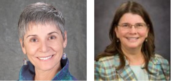 left to right: white woman with short grey hair smiling wearing a blue shirt with a grey background. on the right, a white woman with long brown hair smiling with a green and brown striped shirt and a dark grey background.