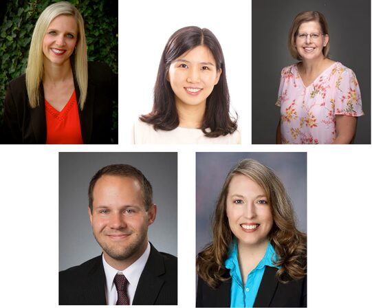 top row: on left white woman with long blonde hair smiling in a black blazer and red shirt with a black background. In the middle of top row an asian woman with long black hair and a white shirt with a white background. On the right of the top row a white woman with short brown hair in a pink patterned shirt and a grey background. Bottom row: on the left a white man with a black suit and tie and white collared shirt with short brown hair with a grey background. On the right a white woman with long reddish hair smiling wearing a dark blazer and teal shirt with a grey background