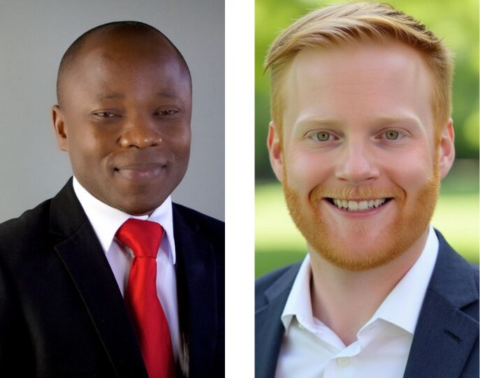headshots of a black man and white man smiling