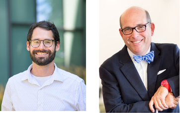 left to right a white man with dark hair and beard wearing glasses in a light colored collared shirt. to the right an older white man with glasses and a dark suit with a blue bow tie