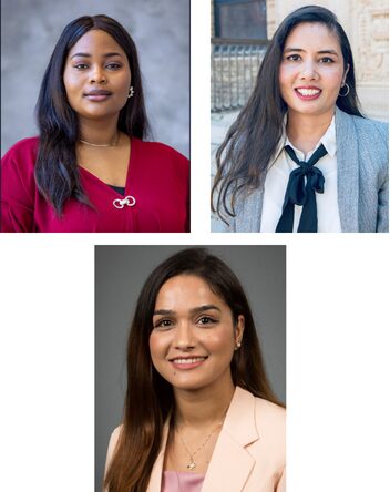top row left to right: woman of color in a red sweater with long black hair in front of a blue background. to the right a woman of color in front of a building smiling with long black hair, a light blue blazer and black tie. on the bottom a woman of color with long brown hair in a pink blazer smiling in front of a grey background