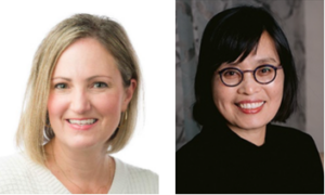 left to right: white woman with shoulder length blonde hair and a white sweater in front of a white background. to the right, an asian woman with glasses and shoulder length black hair in a black sweater in front of a grey background. Both are smiling