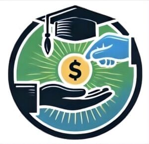 Peer PowerED Financial Wellness logo with a yellow circle in the middle with a dollar sign, green circle background, black graduation cap, and two hands, one blue and black