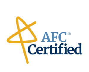 Yellow star to the left of AFC in light blue and Certified in dark blue