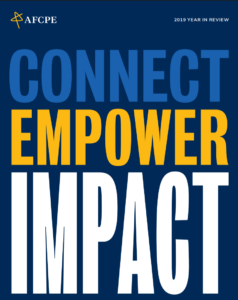 The word Connect is light blue. The word Empower is Yellow. The word Impact is white. They are stacked on a blue cover