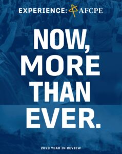 A blue cover overlaying pictures of people with the white words Now, More Thank Ever