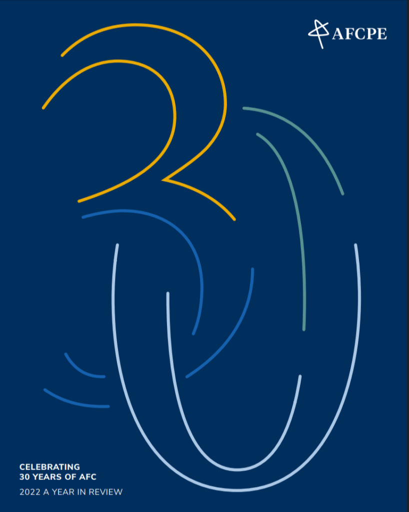 30 in multiple colors with the AFCPE logo in the top right on a dark blue cover