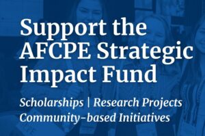 blue square with white Support the AFCPE Strategic Impact Fund overlayed on three college aged women