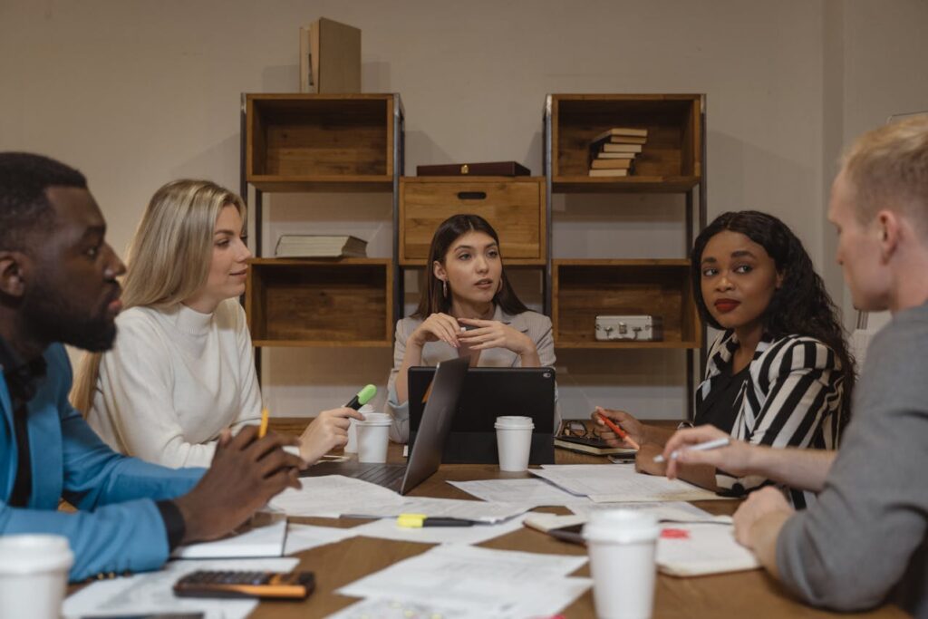 Diverse group of professionals in the middle of a meeting