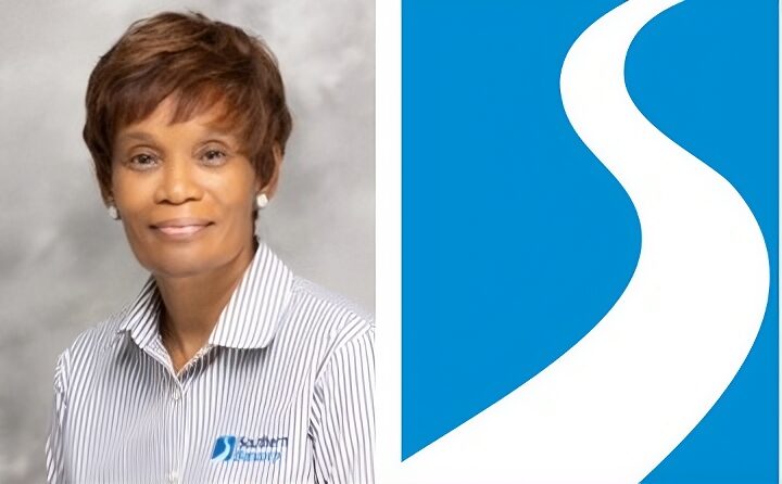 On the left is the headshot of a black woman in a collared striped shirt and on the right is the blue and white logo for Southern Bancorp