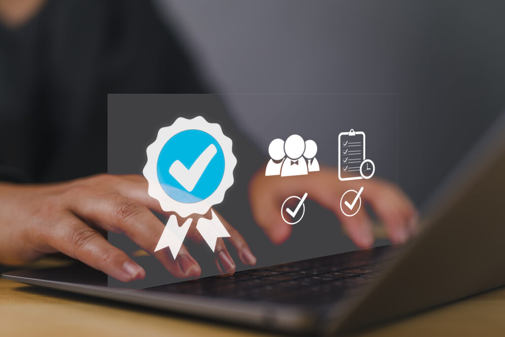 The company's product quality certificate is compliant, the check mark symbol represents the standard quality control. Businesses and companies.