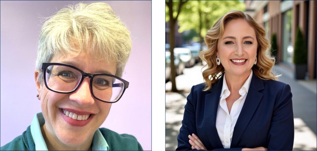 side by side headshots of two smiling professional white women