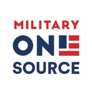 logo for Military OneSource. Military is in all caps red. One has the O and N in blue with an icon of the American Flag as the E. Source is in all caps blue