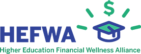 blue HEFWA name with the full name Higher Education Financial Wellness Alliance in Green with icon of graduation cap
