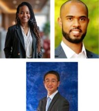 headshots of a black woman, black man, and asian man