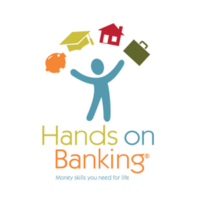 multicolored emojis of a home, graduation cap, suitcase and blue person holding them above the yellow, blue and orange Hands on Banking title