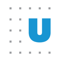 white background with rows of grey dots and a blue U as the logo for urban institute